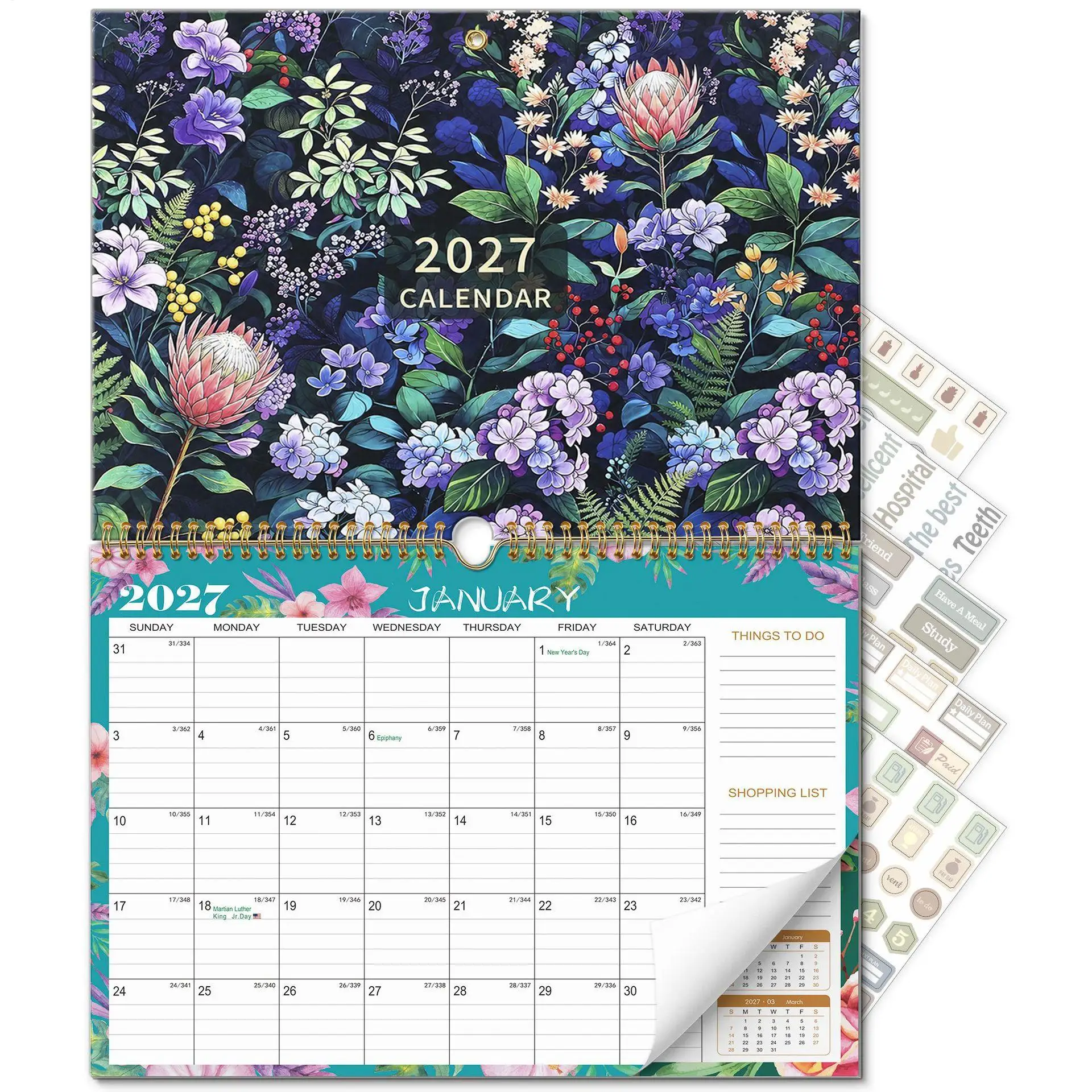 2027 Wall Calendar Jan-Dec 2027 Floral Spiral Binding Large Block Creative Flower Year Calendar for Home, Living Room, Bedroom