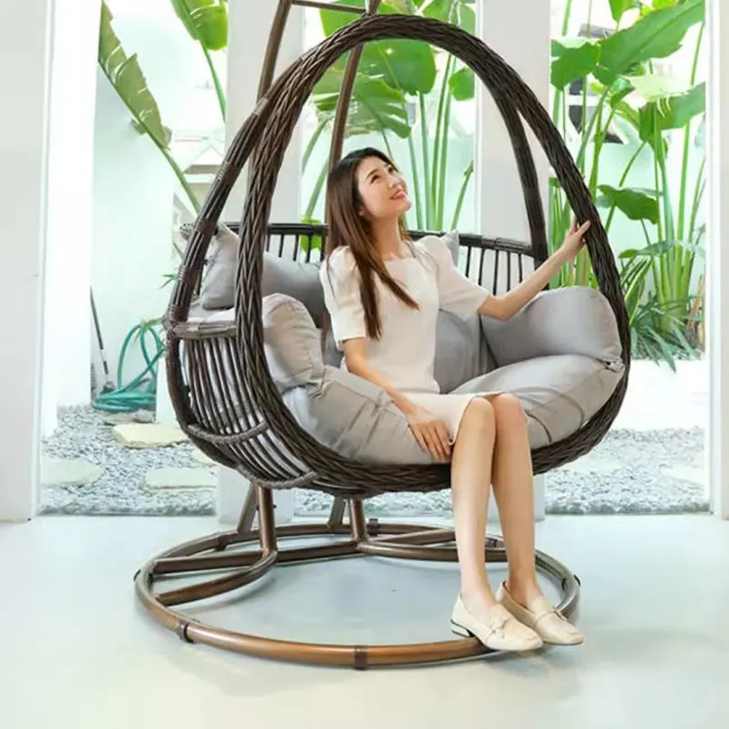 Bedroom Swing Chair With Stand Indoor Outdoor Wicker Rattan Patio Basket Hanging Chair With UV Resistant Cushions Room Furniture