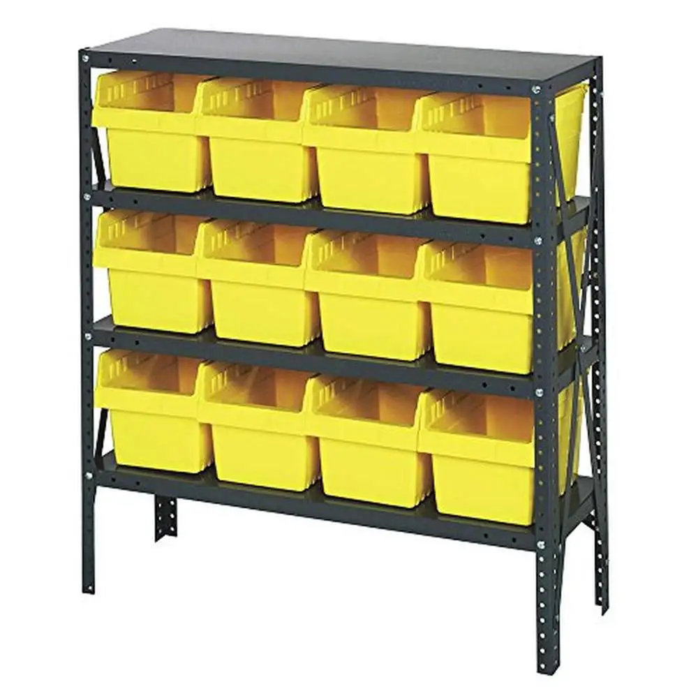 

Steel Shelving Unit with 4 Shelves and 12 Yellow Bins Storage Rack Warehouse Garage