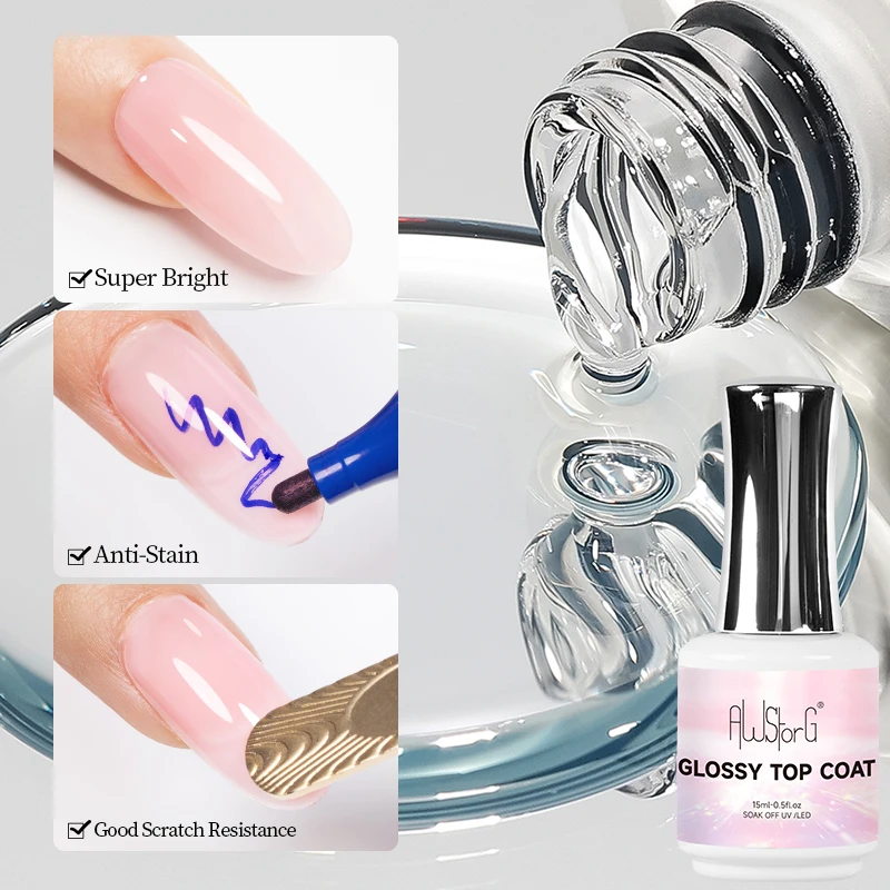 AWStorG 15ML Lucido Top Coat Gel Smalto per unghie UV Diamond Top Coat No Wipe Sigillante Gel Finitura Manicure Nail Art Salon Qualità