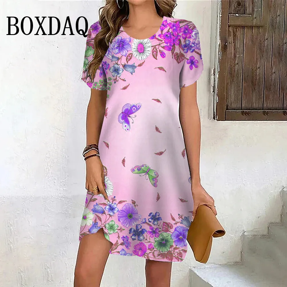 Summer Sweet Butterfly Flower Print Dresses For Women 2024 New Vintage Short Sleeve Mini Dress Loose Casual Plus Size Clothing