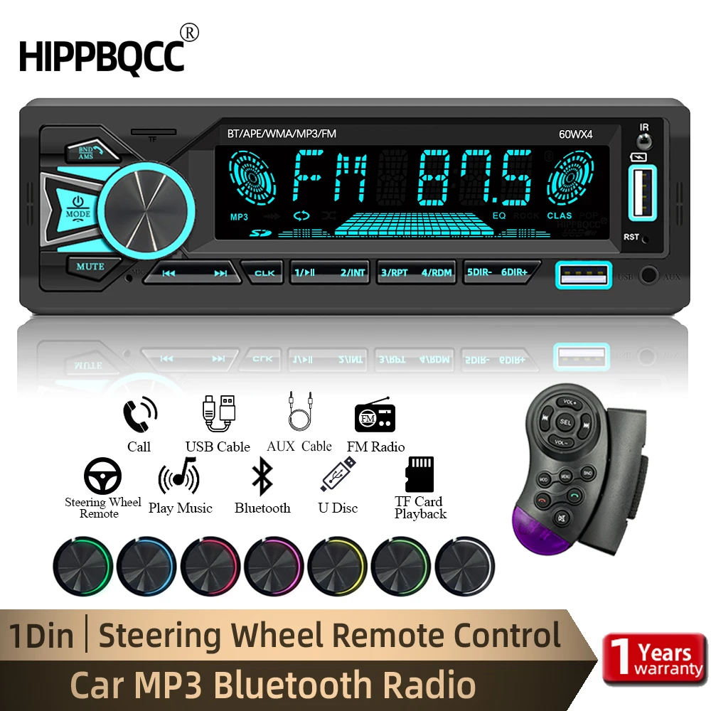 HIPPBQCC 1 Din Car Radio Stereo MP3 Player Bluetooth FM Receiver With Remote Control AUX/USB/TF Support Phone Charging