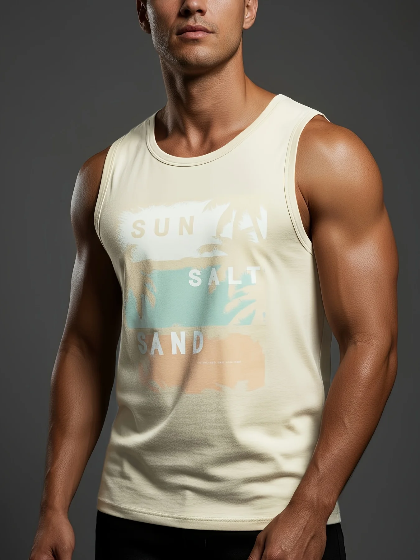 Men's Summer Palm Tree Pattern 3D Printed Dark Grey Knitted Tank Top, Sleeveless Pattern Vacation Fashion Breathable Top