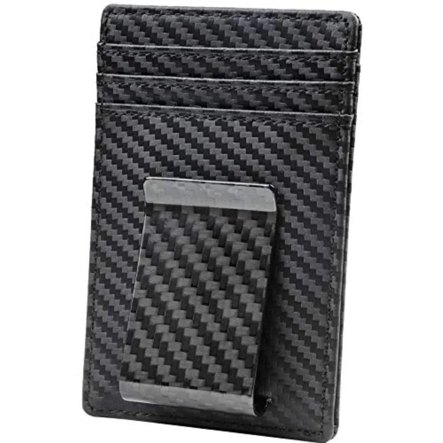 

Money Clip for Men Carbon Fiber Clip Wallet Leather Slim Minimalist Card Holder RFID Blocking