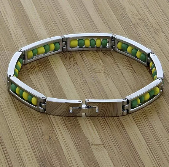 Großhandel Neue Edelstahl Schmuck Grün und Gelb Farbe Orula Armband Mix Perlen Unisex Shango Ochun Armreif Für Frauen – Detail 7
