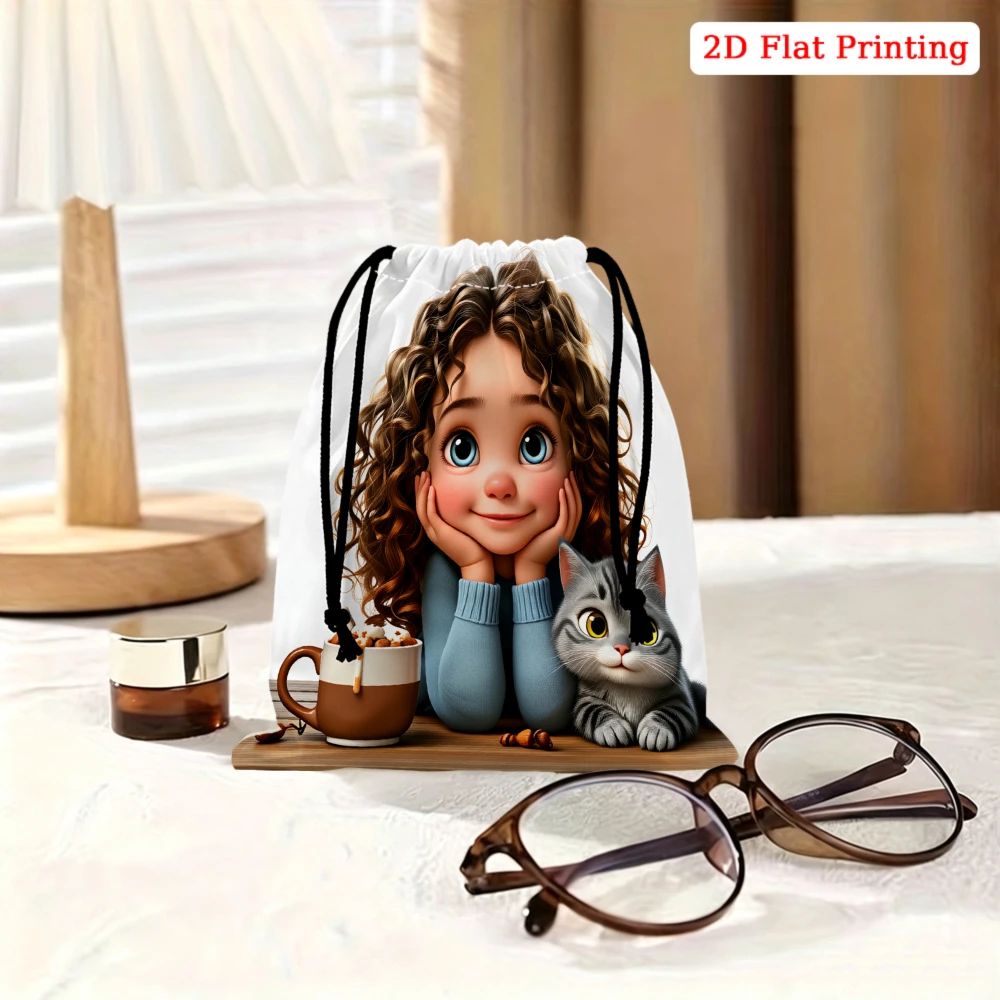 1pc Cartoon Girl And Cat Drawstring Bag White 2d Flat Printing Storage Small Pouch For Travel Gym Cosmetics Organization Women G