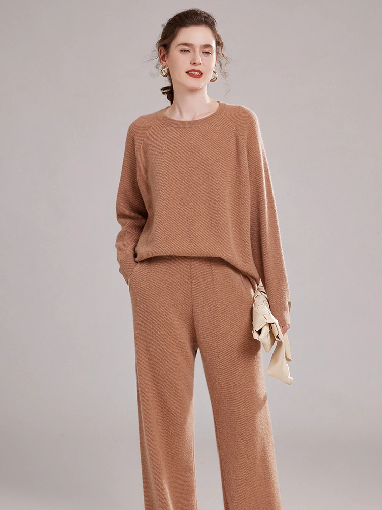 ADDONEE Women 100% Cashmere Sweater Pullover Pants Set Autumn Winter O-neck Pullover Wide Leg Pants Set Thick Comfy Clothes