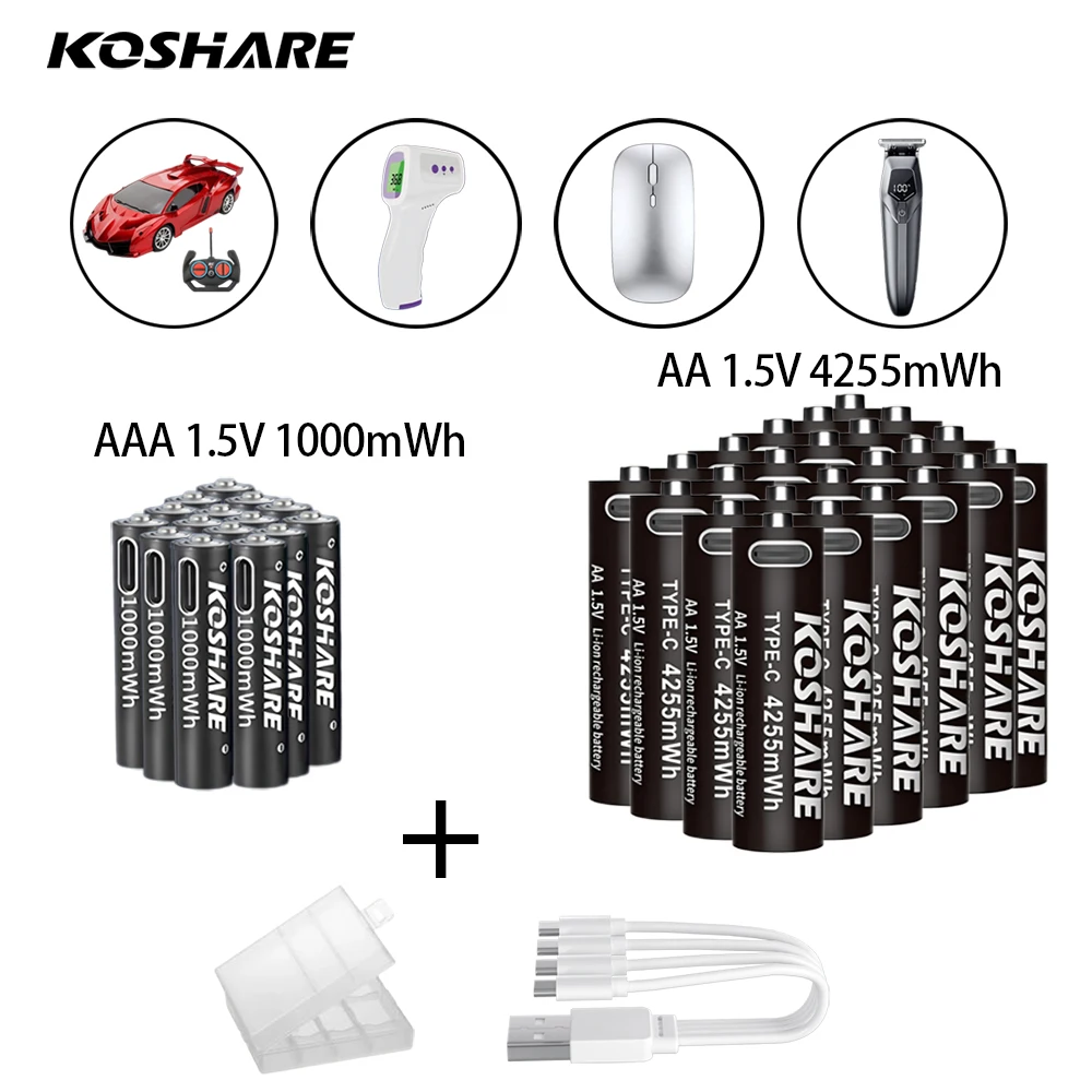 KOSHARE 1.5V AAA/AA 4255mWh1000mWh Rechargeable Battery USB Type-C Rechargeable Li-ion Battery For remote control +Type-C Cable