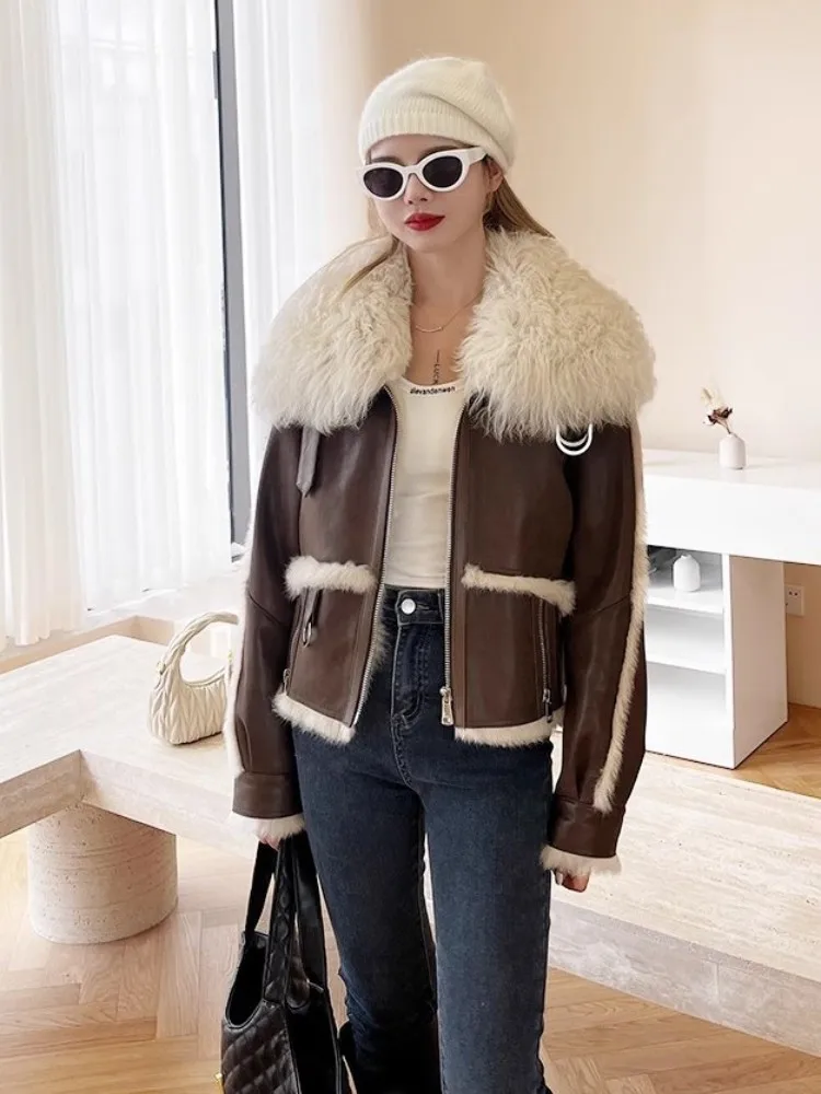 Fashion Warm Real Rabbit Fur Liner Women Motorcycle Jacket Casual Zip Wool Collar Long Sleeve Winter New Ladies Short Overcoat