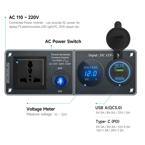 Imagen 2 del producto Panel de aluminio para salpicadero de coche con pantalla de voltaje/cargador rápido USB PD de 45W, enchufe Universal para modificación automática de furgoneta y camión SUV