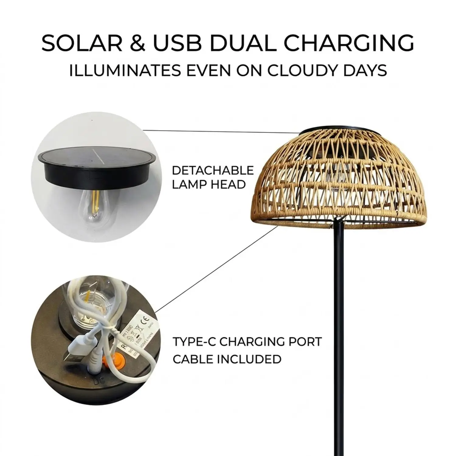 Beige Solar Outdoor Floor Lamp with Solar & USB Dual Charging view 5