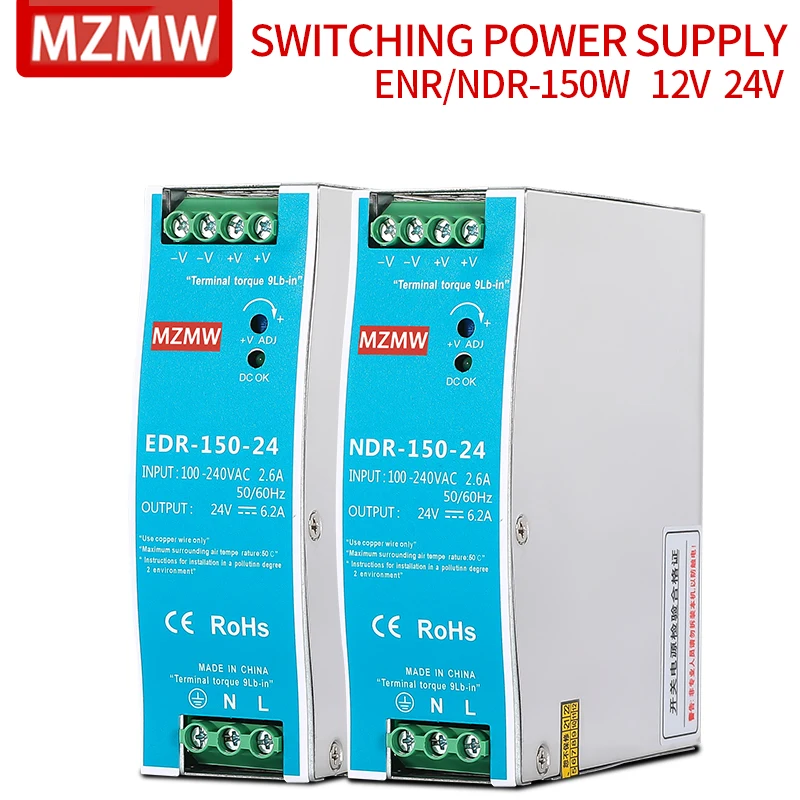 Mzmw Edr150 Ndr150 Industrial Trilho Din Fonte de Alimentação de Comutação 150w 12v 24v 48v ac dc Edr-15024 Única Saída Mini Fonte Potência