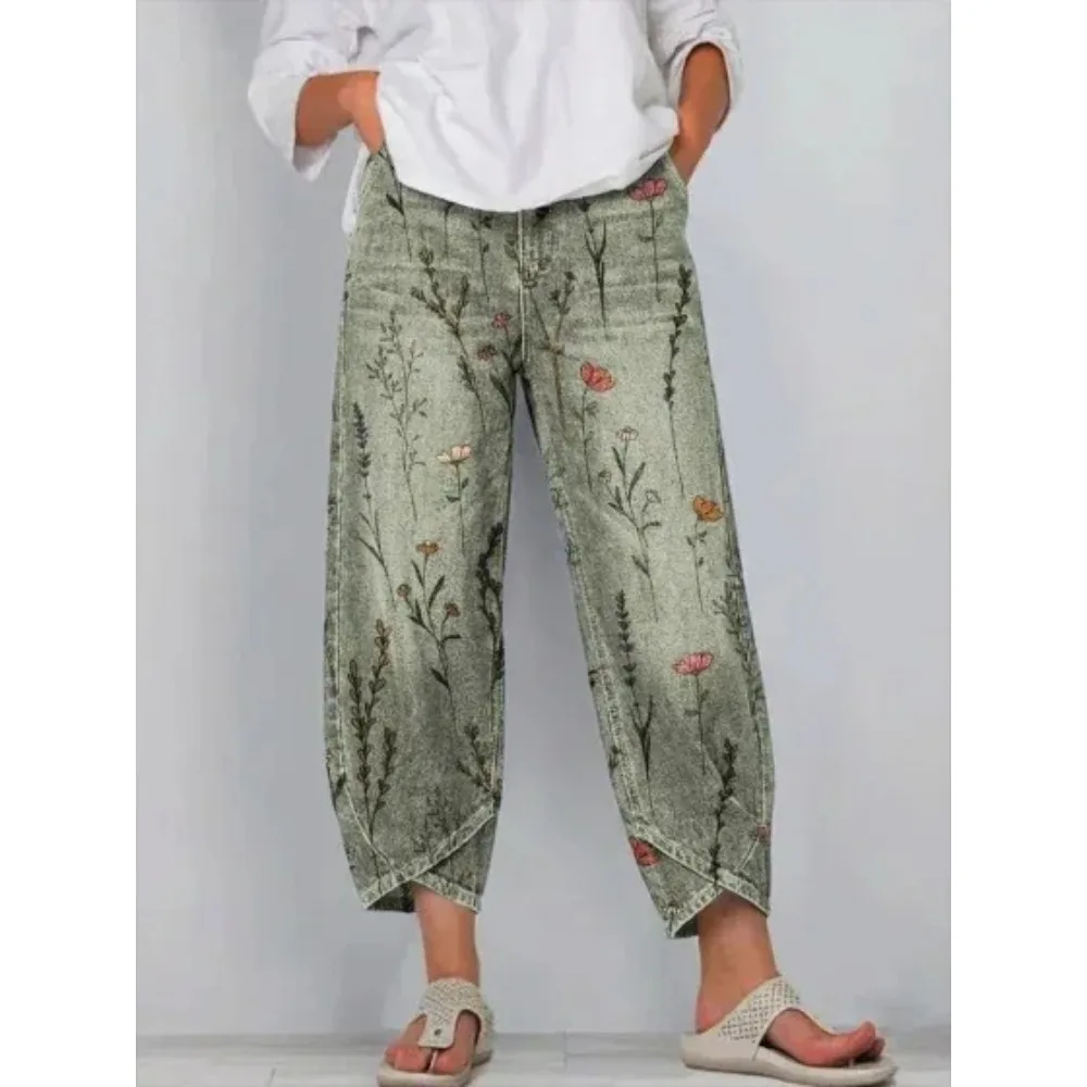 Damen Baumwoll-Haremshose mit Japanischem Ukiyo-E Wellen- und Blumenmuster, Locker Geschnittene Caprihose in Tulpenform, Knöchellange Freizeithose – Detail 3