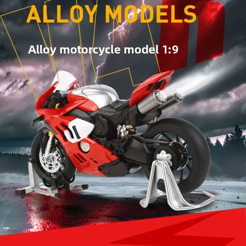 1:9 v4r tubo de escape duplo corrida motocicleta liga diecast modelo carro som e luz ornamentos decoração coleção