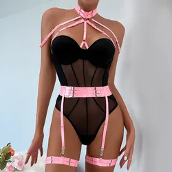 JSY lencería Sexy para mujer, ropa interior de cuerpo, Body de encaje Halter, Bondage, camisón de peluche, entrepierna abierta, lencería erótica, disfraces Porno