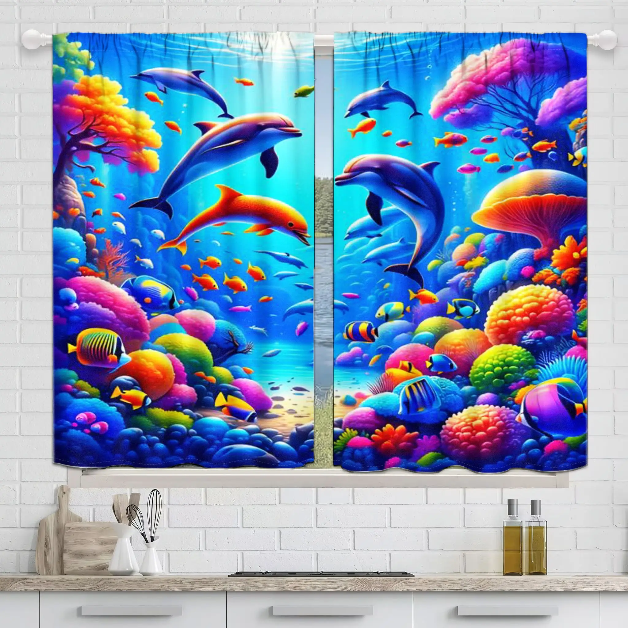2pcs Underwater Coral Curtains Dolphin Fish Fantasy Art Print Drape Kids Room Bedroom Window Treatment Colorful Marine LifeDecor