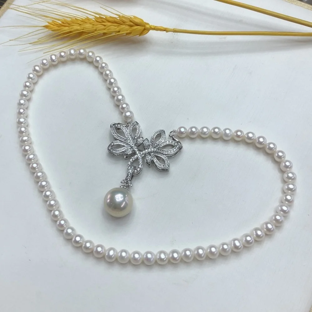Natural Pearl AAAA6-7mm+12-13mm White Japanese Pearl Pendant Necklace 18in-925s