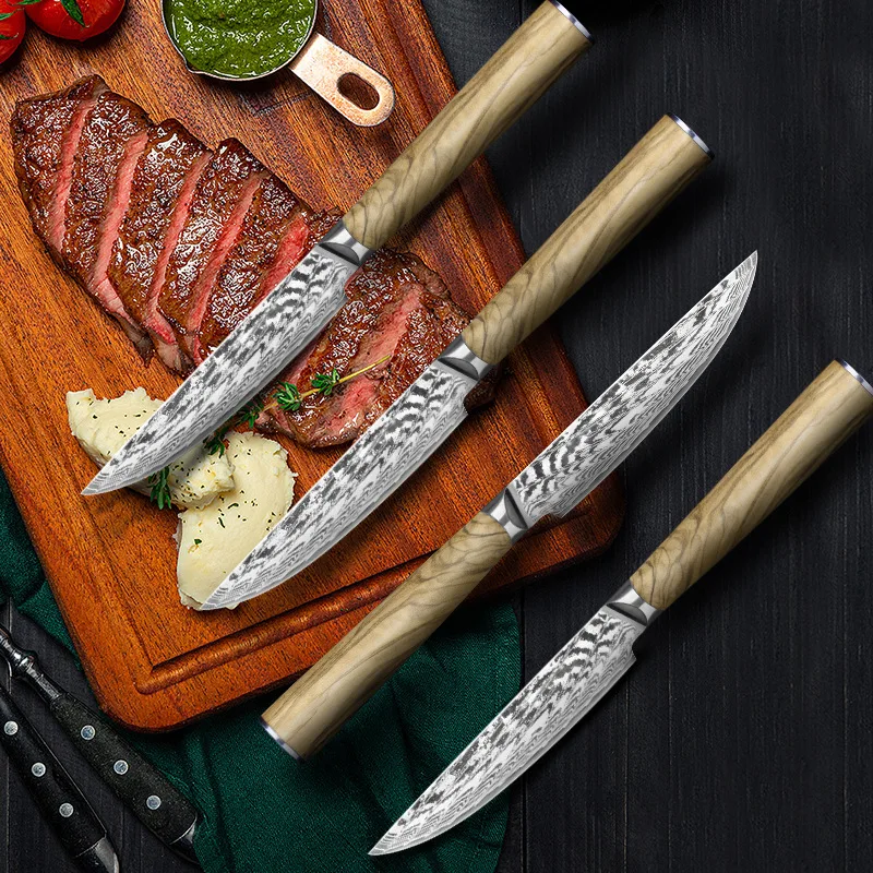 

Steak Knives Set 2/4/6 PCS Damascus AUS10 Steel Blade Paring Dinner Tablewares Barbecue Kitchen Knife Cooking Tools Olive Handle