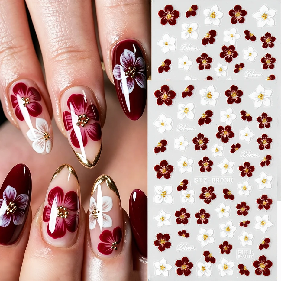2 Stück Retro Rot-Weiße Blumen-Nagelaufkleber Kirschblüten-Blütenblätter Florales Design Nagelkunst-Aufkleber für Herbst-Hochzeit Nageldekoration