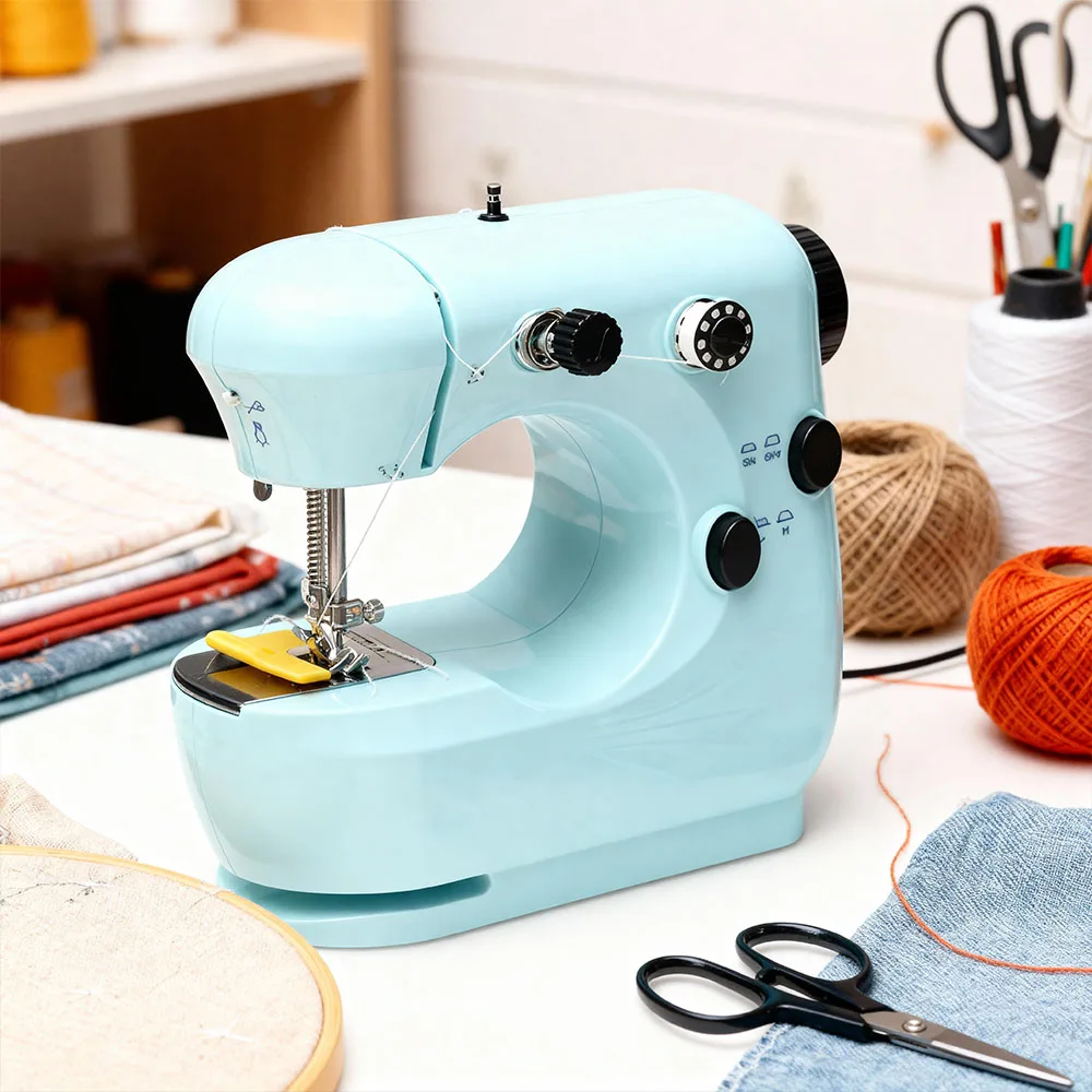 

Mini Sewing Machine Manual Portable Needlework Electric Household With Night Light Foot Pedal Table Two Thread Simple