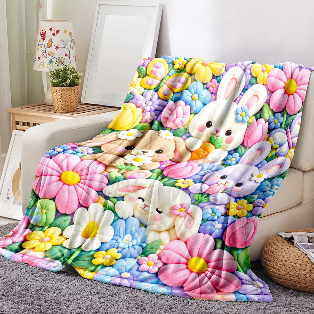 1PC cute bunny and flower print blanket-made of soft fluffy flannel, perfect for a sofa or bed. Home decoration, holiday home de