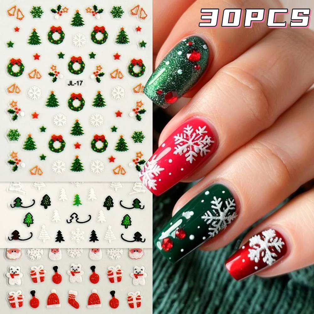 30 ชิ้น/เซ็ต 3D คริสต์มาสสติกเกอร์เล็บและสติ๊กเกอร์ Self-Adhesive Glittery เกล็ดหิมะ Xmas Tree Bear ของขวัญออกแบบตกแต่งเล็บ