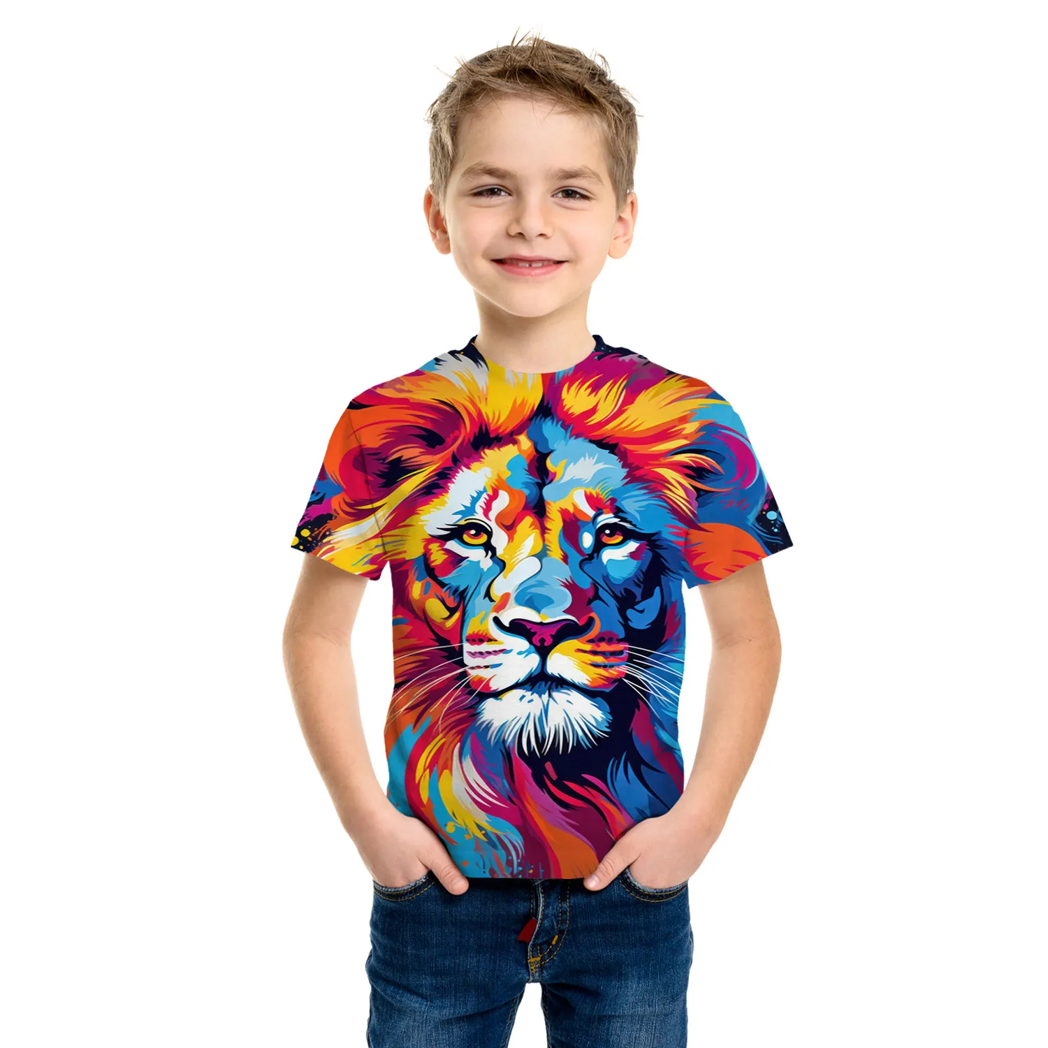 Camiseta elástica con patrón de León para niños, camisa transpirable, cómoda, para actividades al aire libre, ropa informal