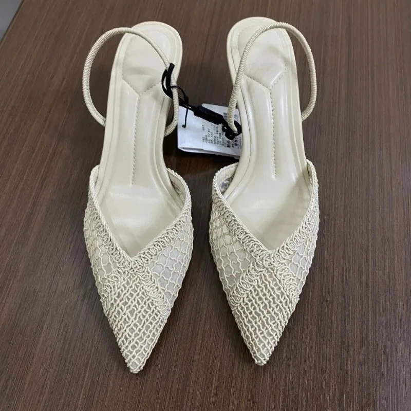 

Brand Hollow Out Woven High Heels Women Summer Sandals Pointed Toe Breathable Light White Wedding Party Office Lady Dress Shoes