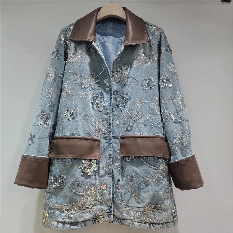 

Женская джинсовая куртка, новинка весны 2026 года, европейский стиль, модная, с принтом, в стиле пэчворк, элегантная, легкая роскошь, с тяжелой вышивкой