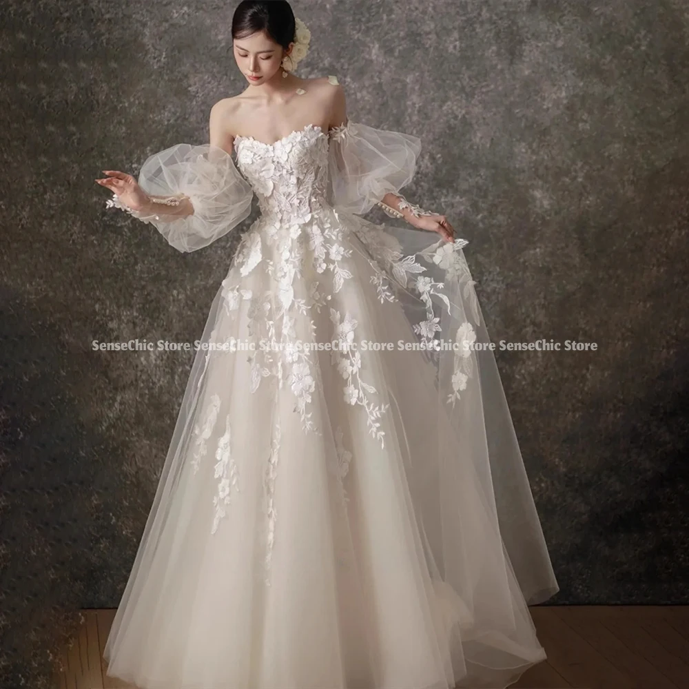 Lace Floral Wedding Dresses Korea Strapless Elegent 웨딩드레스 Tulle Puff Sleeves Detachable Sleeves Bridal Dress Customized