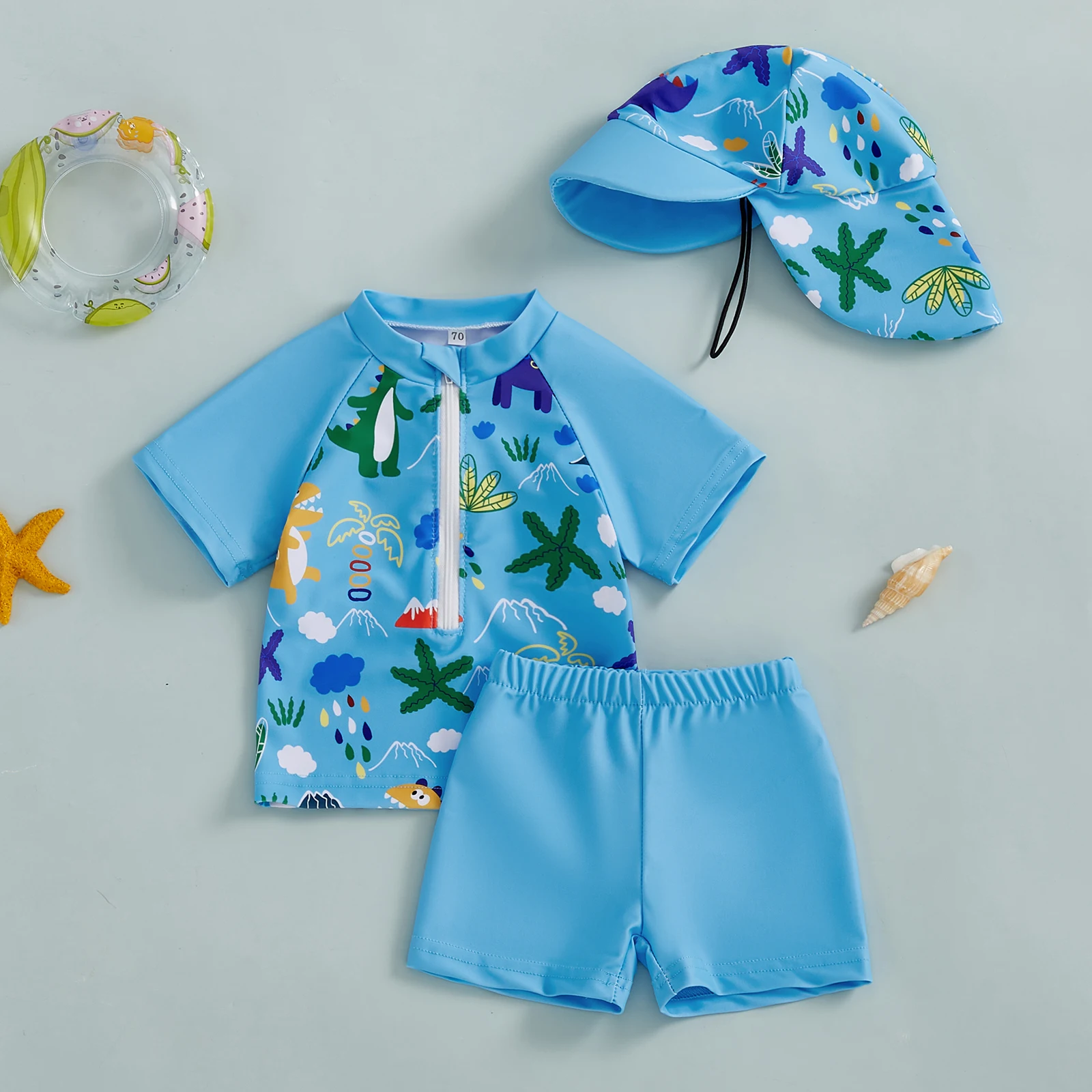 0-4Y Baby Boys Summer Swimsuits Set Cute Print Zipper Short Sleeve Rash Guard and Swim Trunks and Hat Swimwear Beachwear