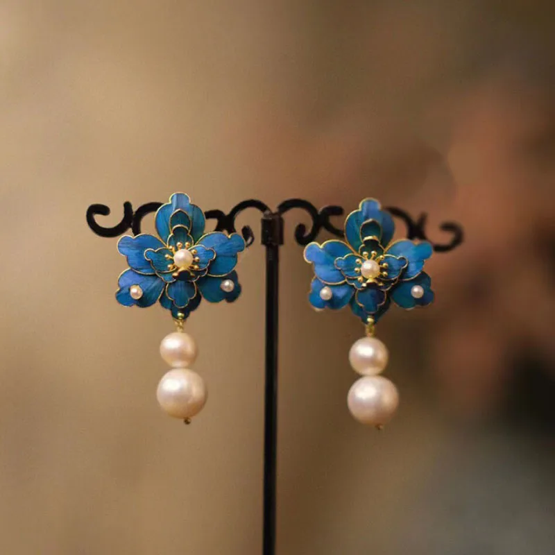 Vintage Hanfu Jewelry Classic Gourd Pearl Earrings Drop Original Design Exquisite Blue Enamel Peony Flower earrings for women