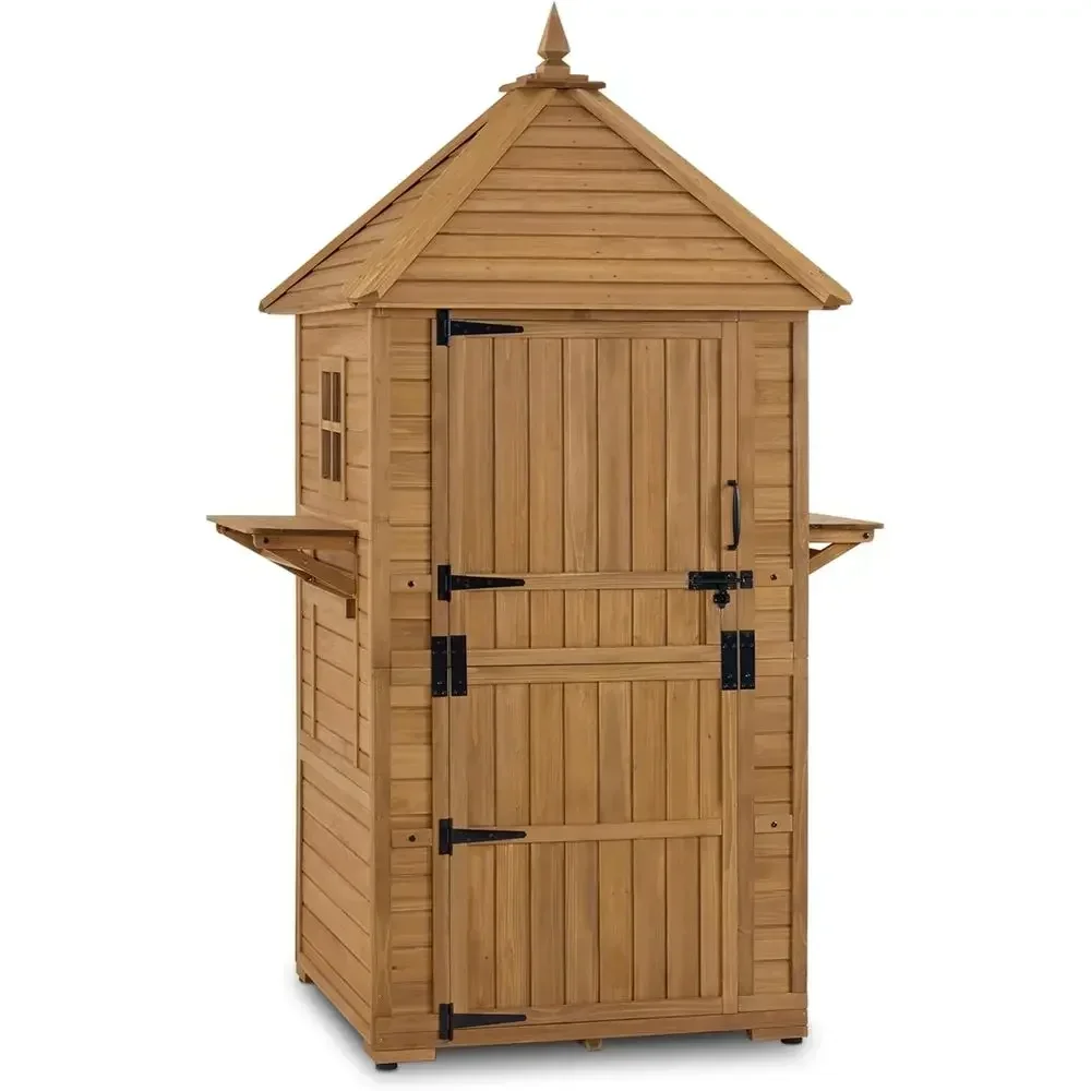 6-Shelf Outdoor Wood Storage Cabinet with Folding Tables for Garden and Patio Use