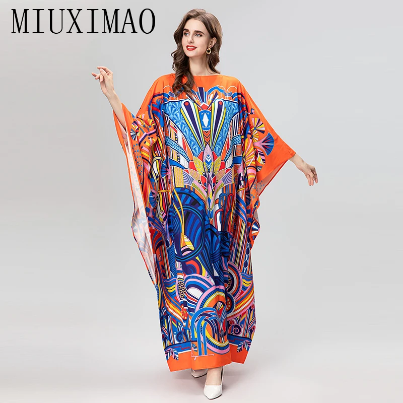 

MIUXIMAO 2023 Plus Size Dress O-neck Batwing Sleeve Bohemian Maxi Dress Women Abstract Pattern Print Kaftan Dress