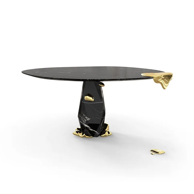 *High End Art Luxury Furniture Round 4 Seater Boca Marble Modern Dining Table Set for Villa Home Hotel with Gold Brass