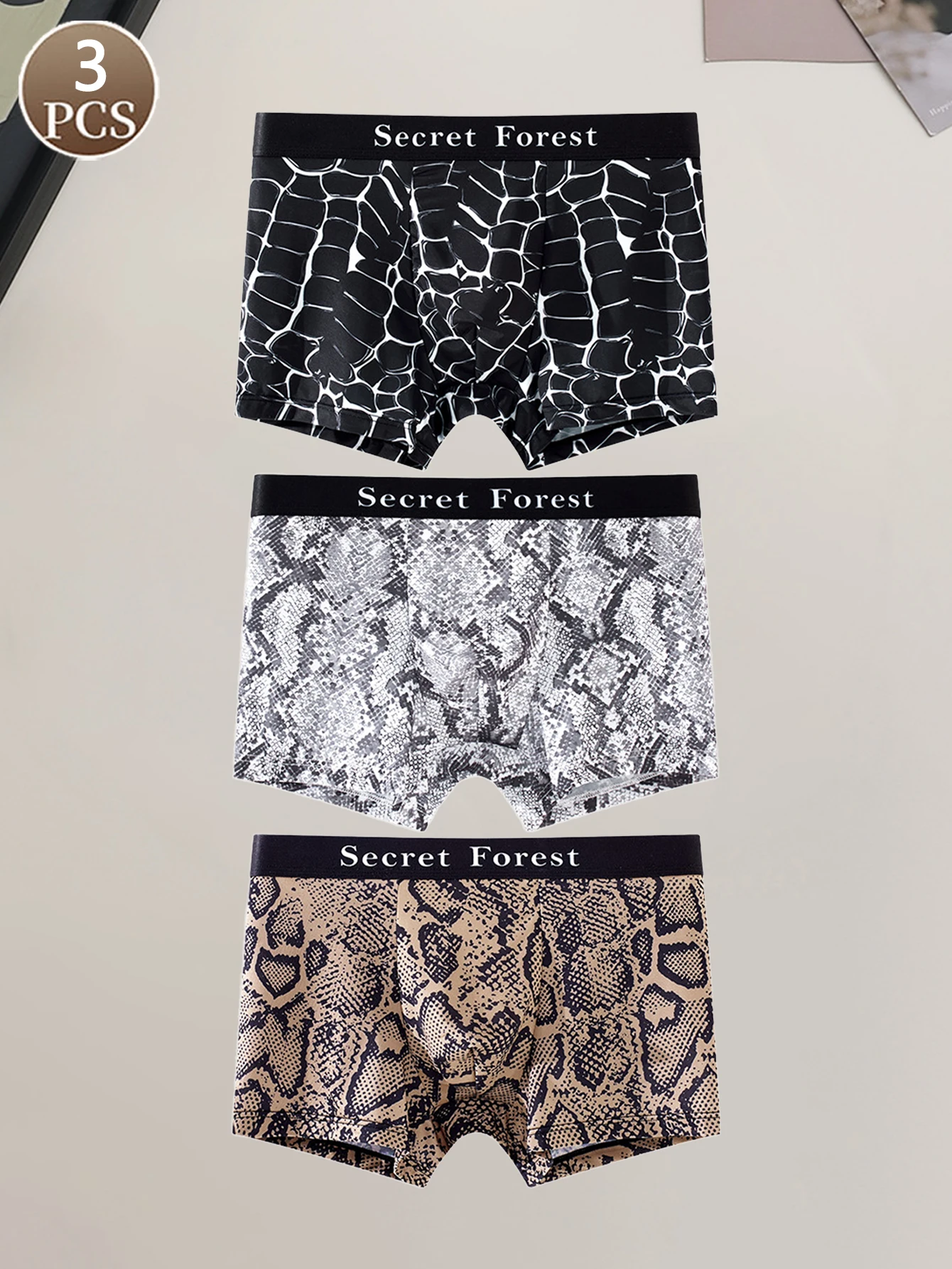 3PCS  Sports casual basic knitted fabric soft snake pattern mid waist Men's antibacterial refreshing ice silk seamless underwear