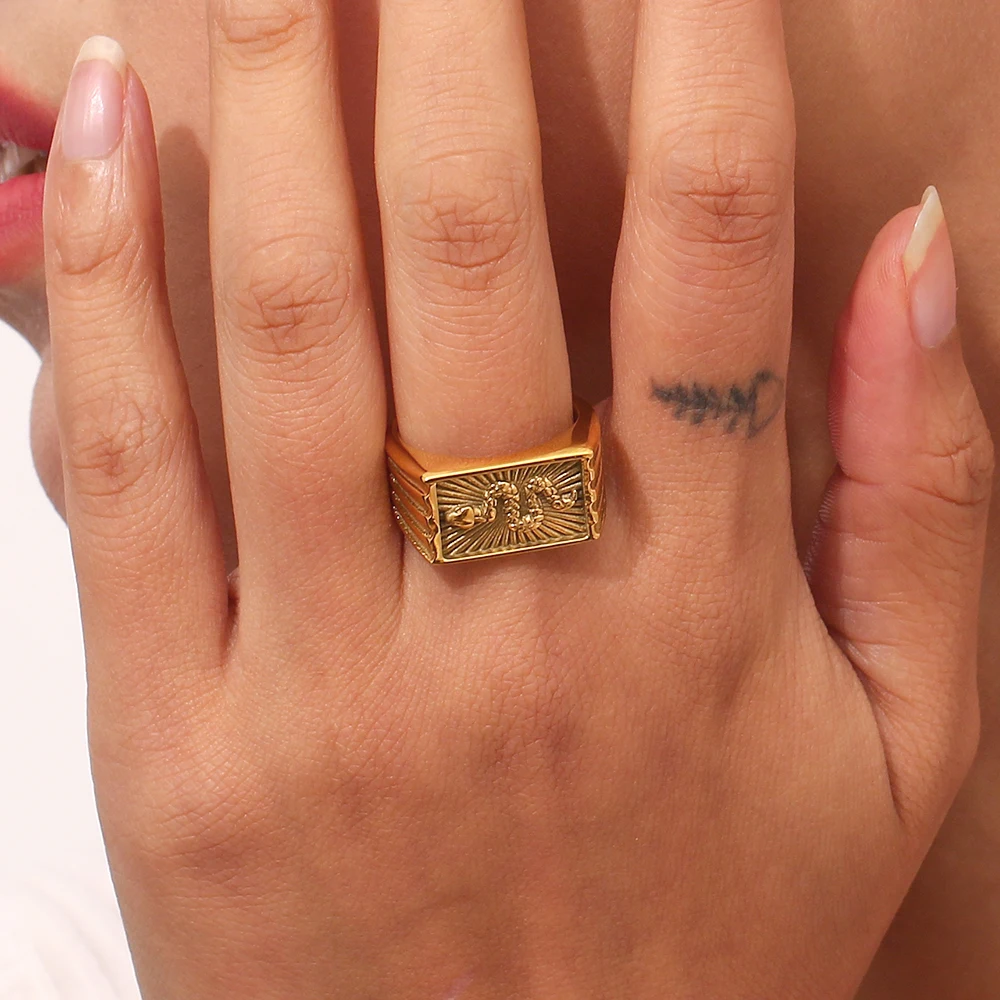 Waterproof Hypoallergenic Snake Sunburst Stamped Rectangle Signet Rings For Woman Vintage Animal Snake Rings Jewelry For Female