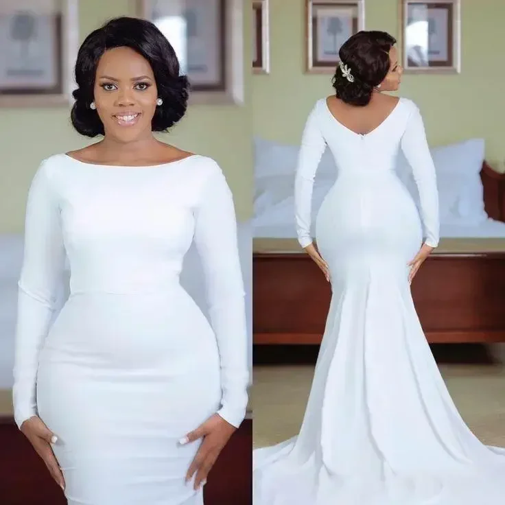 Personalizado feminino longo branco vestidos de casamento com mangas o-pescoço robe de soiree zíper voltar trem varredura formal vestido de noiva