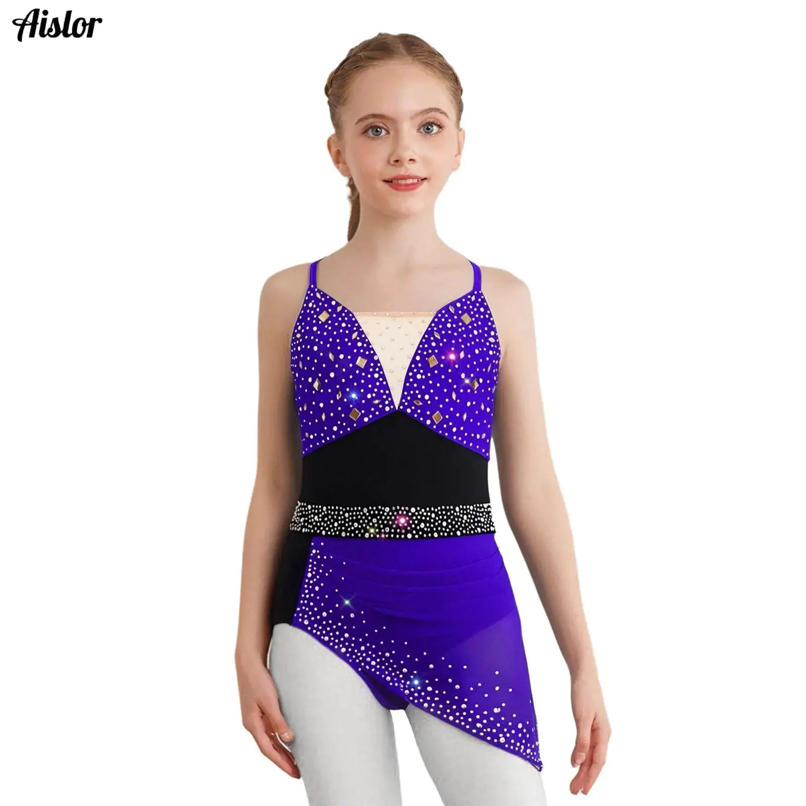 

Kids Girls Modern Lyrical Dance Leotard Dress Figure Skating Costume Spaghetti Straps Shiny Rhinestone Asymmetrical Mesh Dress