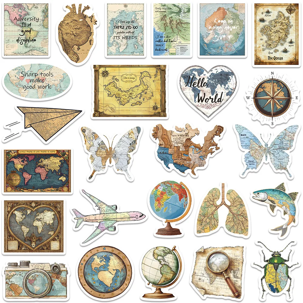 10/50 قطعة الكرتون الرجعية خريطة الكتابة على الجدران ملصق مائي مقاوم للماء شخصية الإبداعية لتقوم بها بنفسك صندوق أدوات مكتب قضية الهاتف المحمول كوب ماء