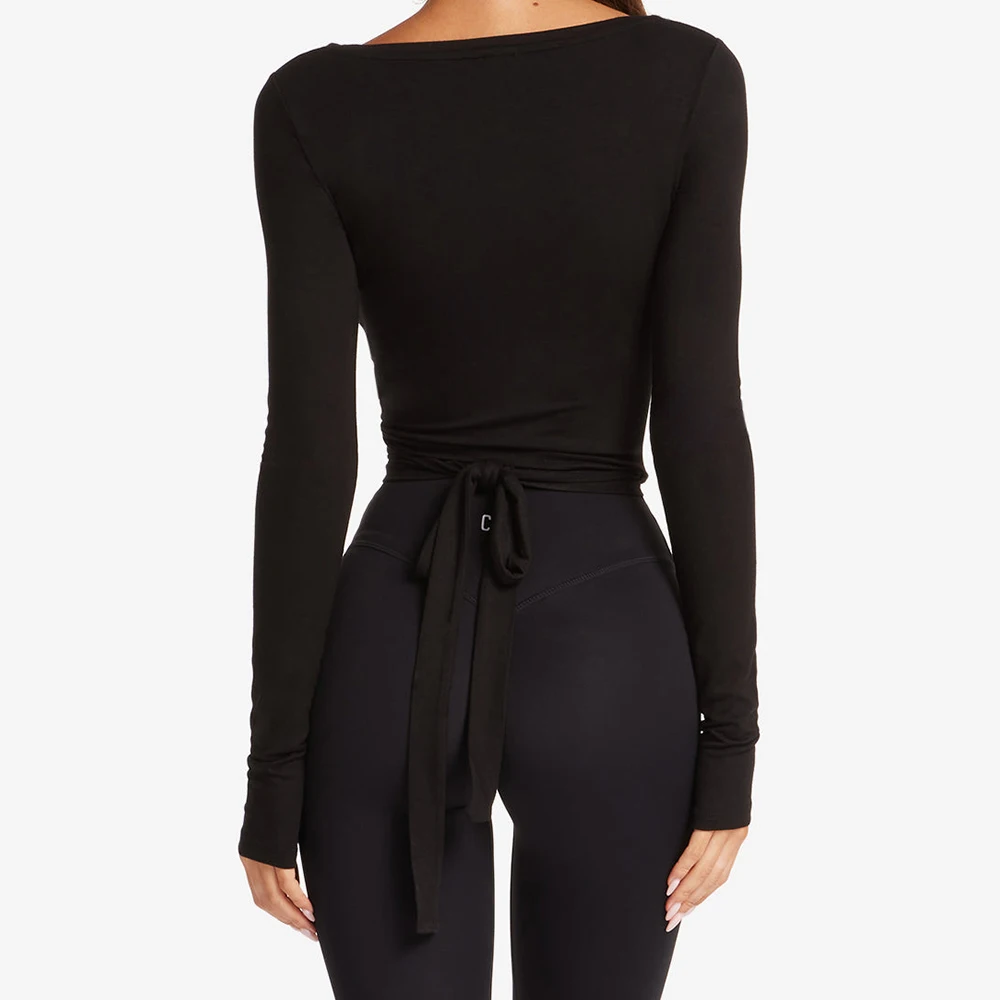 ผู้หญิงฤดูใบไม้ร่วงY2kโยคะ 2 ชิ้นชุดเสื้อผ้าแขนยาวCross Wrap Tie Crop Topsกางเกงขาสั้นเอวสูงออกกําลังกายTracksuits