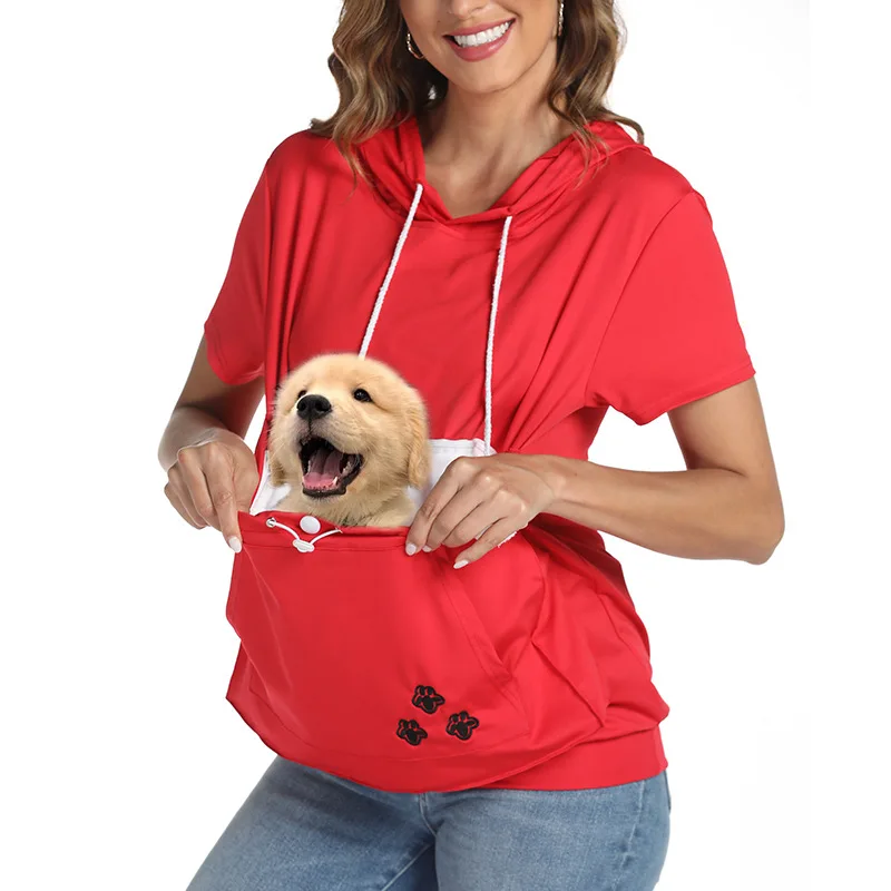 Women Short Sleeve T-Shirts Pullover Hoodies Large Pocket For Cat Dog Kangaroo Sweatshirt Animal Pet Carrying Out Tops Blouse