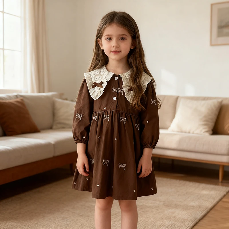 2026 neue Frühjahr Kinder Baumwolle Gedruckt Kleidung Mädchen Party Kleid Lange Ärmeln Bogen Stickerei Kinder 2-6Yrs Prinzessin Süße Kleid