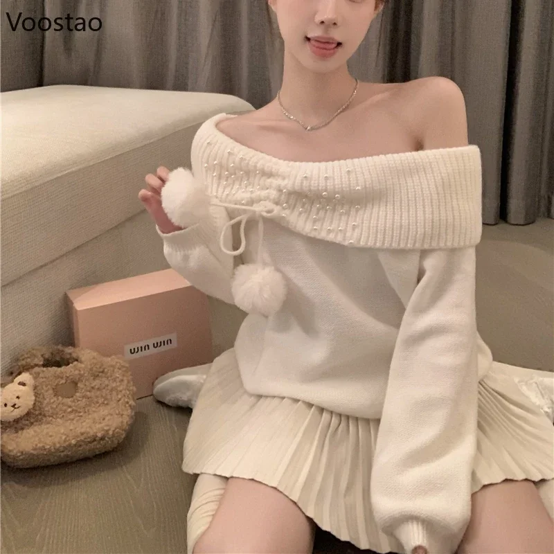 Autumn Winter Harajuku Knitted Sweaters Off Shoulder Long Sleeves Pearls Plush Ball Sexy Pullovers Female Fashion Knitwear Tops