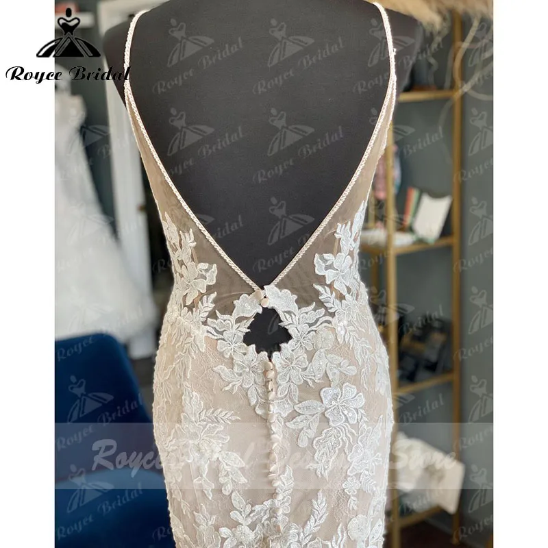 Vestido de boda romántico con tirantes finos, Trompeta con cuello en V, Rosa rubor, Apliques de encaje, sirena, espalda abierta, corte sirena