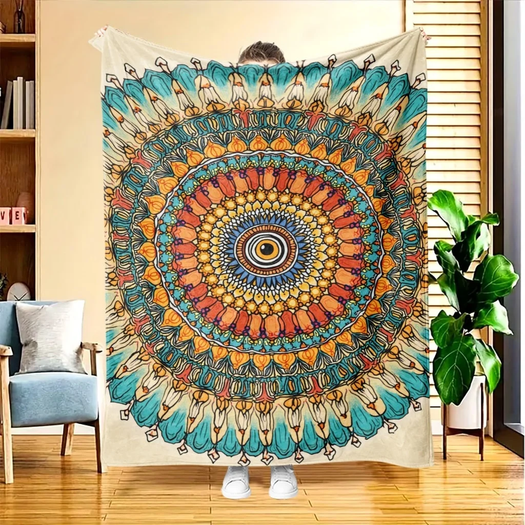 Bohemian Color Mandala Evil Eye Circular Pattern Beige Base Flannel Throw Blanket Warm Cover For Sofa Spiritual Boho Decor Gift