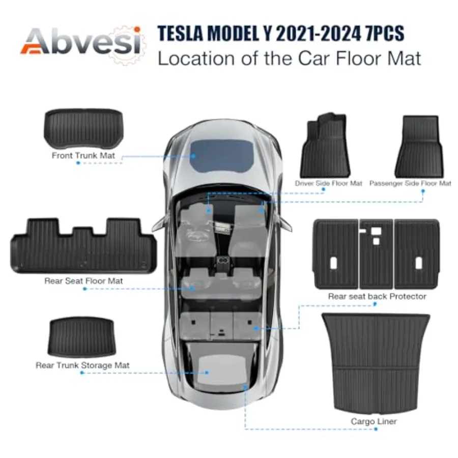 All Weather Floor Mats Custom Fit Model Y 2021-2024 5-Seater, TPE Waterproof Odorl Car Mats Set with Rear Seat Back Protector I