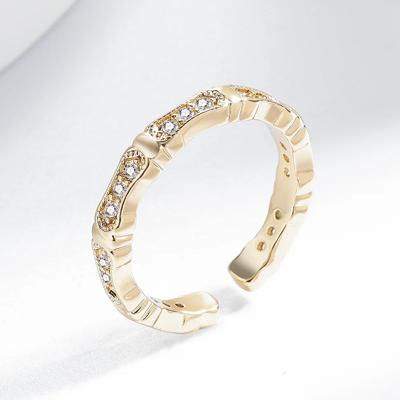 925 Sterling Silver Bamboo Joint Open Ring for Women, Adjustable Micro Pave CZ Stackable Band, Luxury Fashion Jewelry for Gift