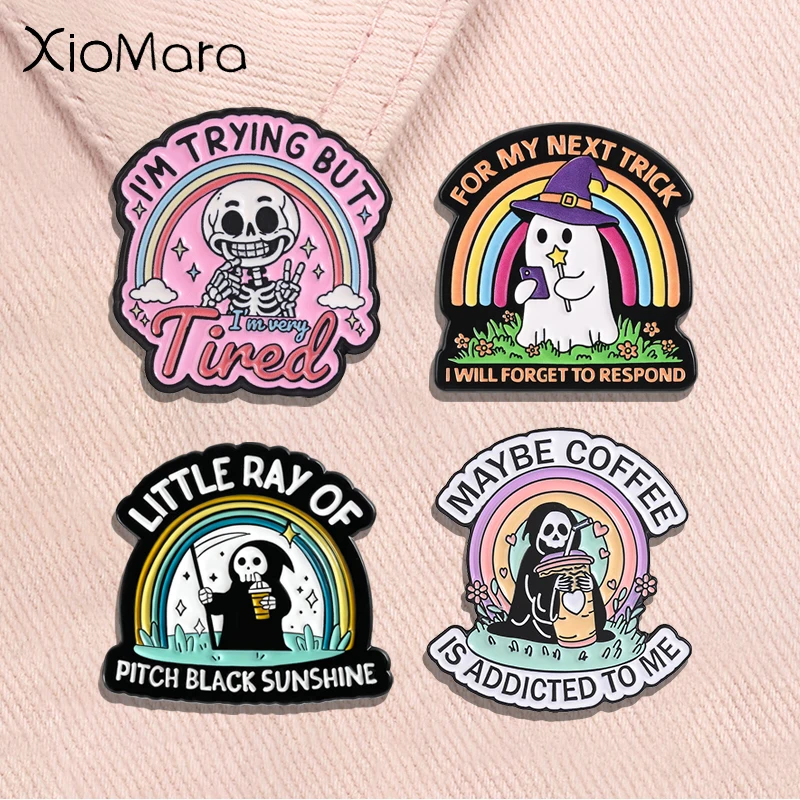 Goth Rainbow Skeleton Enamel Badge I'm Trying But I'm Very Tired Halloween Spooky Skull Pins Mental Health Brooches Jewelry Gift