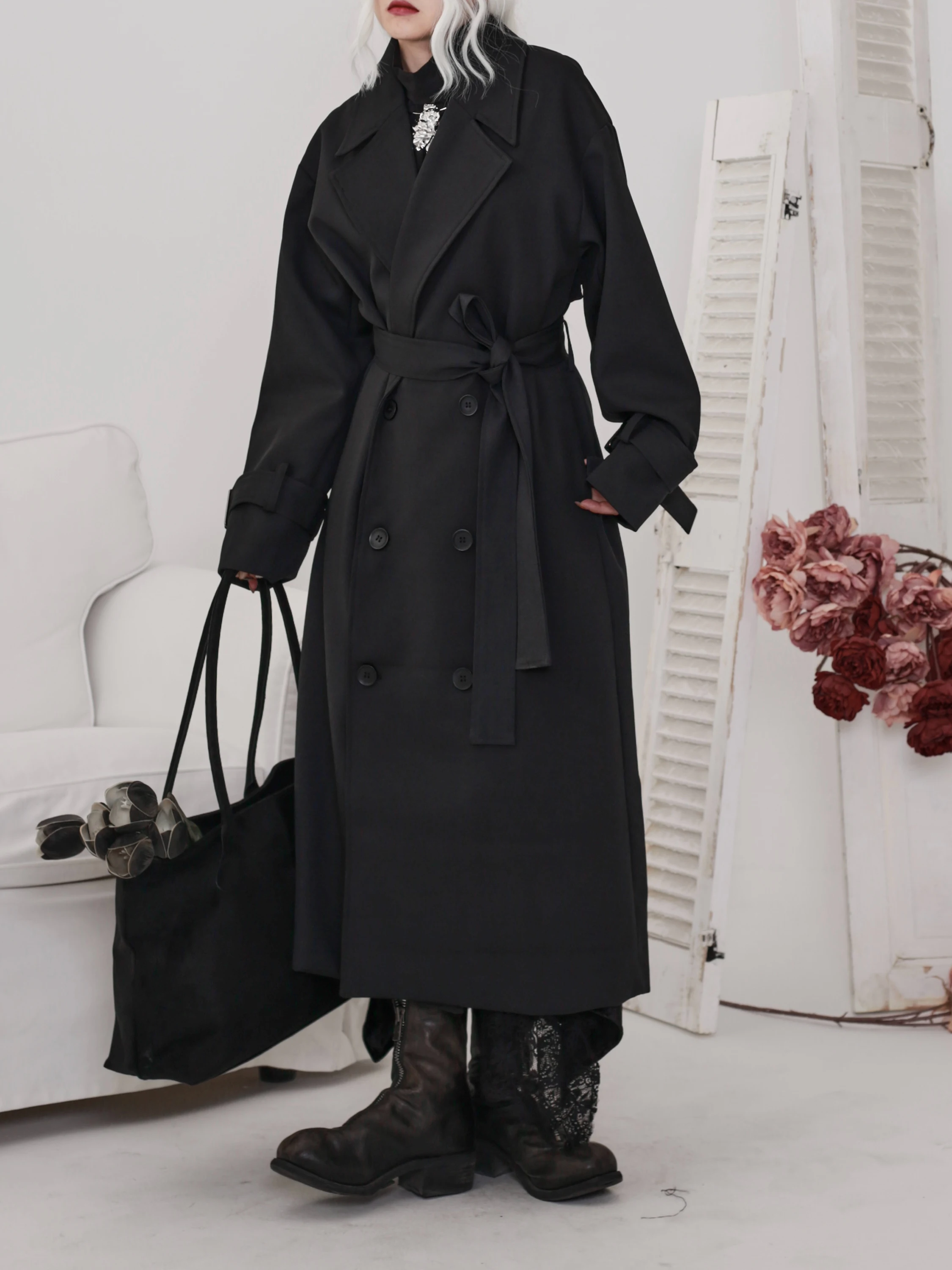 

Пальто k Sle с поясом для утяжки талии, удлиненное, новый дизайн, весна 2026, свободный крой, удобное для поездок на работу, элегантное, черное